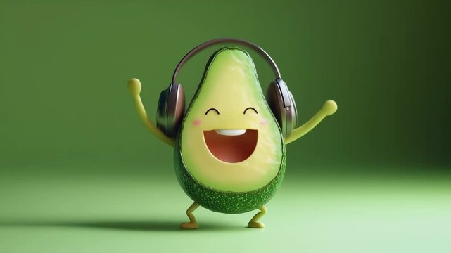 Happy cartoon avocado character with headphones dancing and listening to music on green background, playful design suitable for funny graphics
