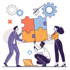 Teamwork Illustration With Jigsaw Puzzle And Gears For Business Strategy Success And Collaboration Concept With Diverse Professionals