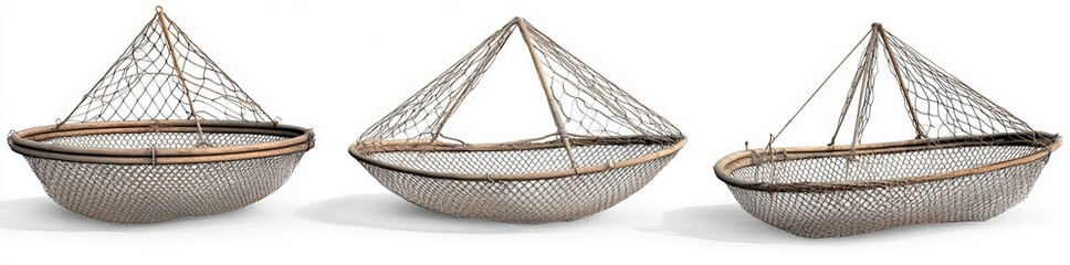 Obraz premium Four traditional fishing nets hang alone on a plain white background