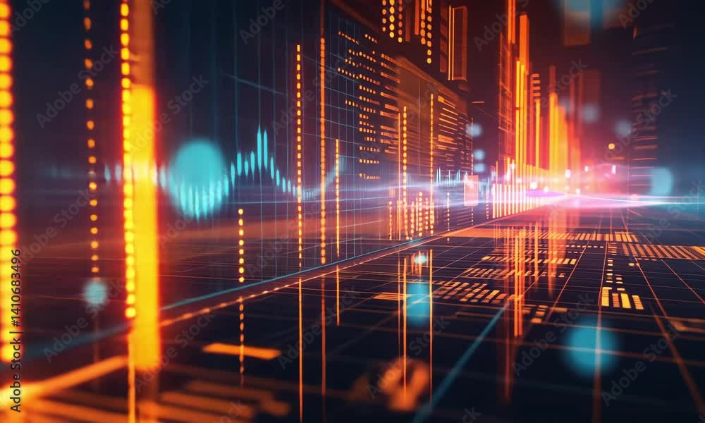 Poster exploring futuristic digital landscapes with vibrant visualizations and dynamic data patterns