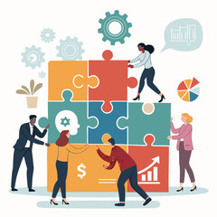 Diverse Business Team Assembling Jigsaw Puzzle For Strategy And Innovation With Data Analysis And Financial Growth Icons Vector Illustration