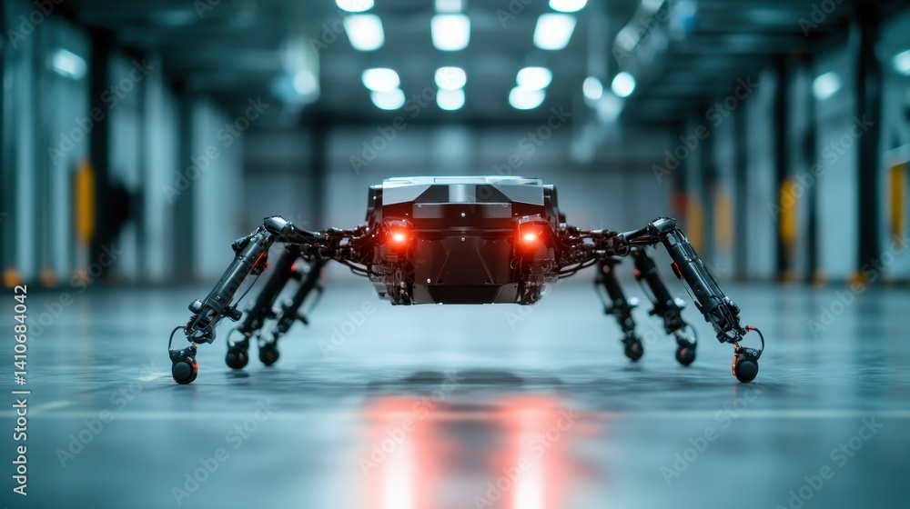 Aufkleber this close-up image features a high-tech robotic spider with glowing red eyes, symbolizing the conve