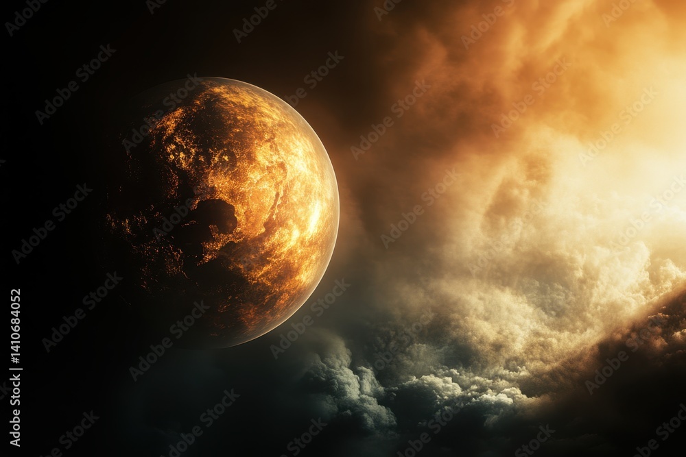 Poster vivid depiction of a distant planet surrounded by swirling clouds in outer space