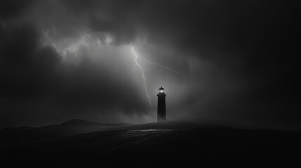 Fototapeta premium Dramatic lighthouse silhouette against a dark stormy night sky with lightning sea fog hope rock wind