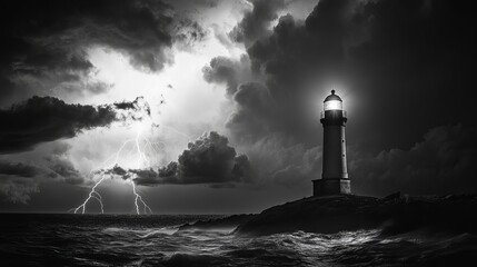 Dramatic lighthouse scene with lightning storm ocean waves sea sky dark hope rock wind night tower © Honey