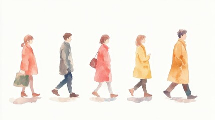 Naklejka premium A crowd of people engaged in conversation is depicted in a colorful watercolor painting with soft silhouette profiles on a white background