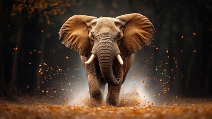 An elephant charging forward amidst flying autumn leaves, capturing the essence of nature's vitality and the raw power that exists within the animal kingdom.