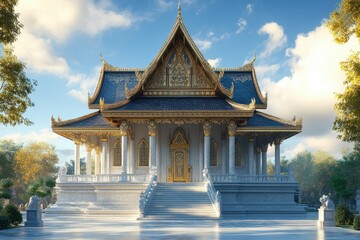 Fototapeta premium Magnificent temple with intricate architecture set under a bright sky in a serene landscape