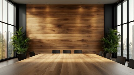 A modern conference room hosting a large wooden table set against a warm wooden background and greenery, providing a sophisticated setting for professional discussions.