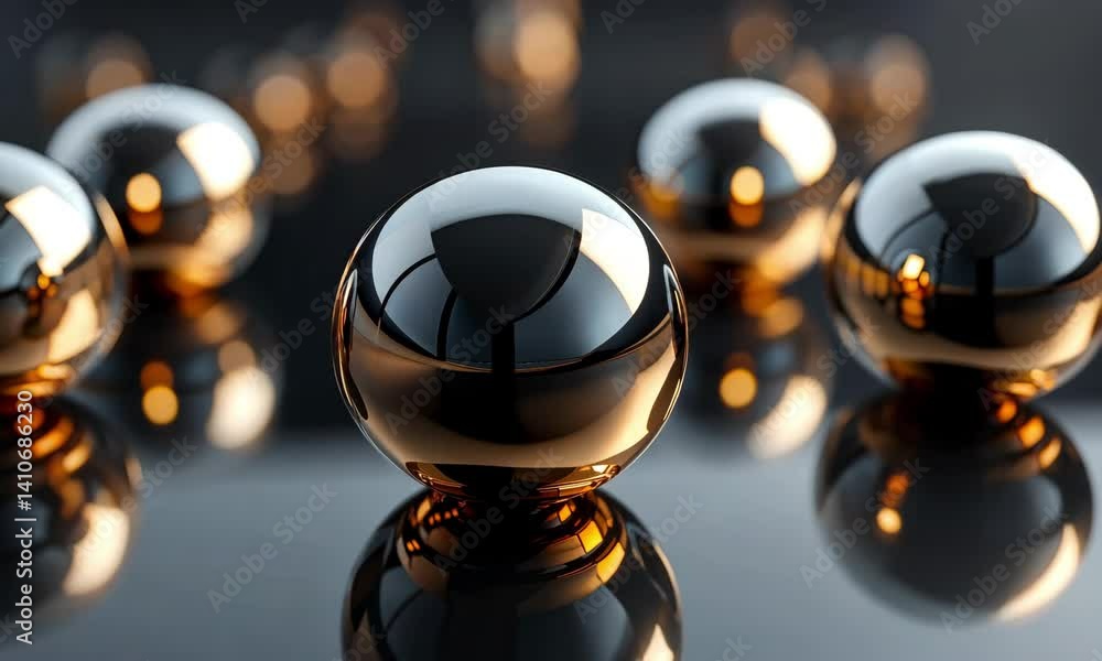 Poster captivating display of glossy metallic spheres arranged on a reflective surface with intricate refle