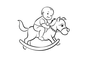 Baby On A Rocking Horse Outline Illustration For Childrens Book Or Educational Resource Simple Black And White Drawing