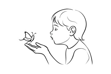 Boy With Butterfly Line Art Illustration Simple Black And White Outline Design Concept Of Childhood Innocence And Nature Appreciation