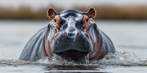 Fototapeta premium Hippo swimming in a river with calm water and a blurred background in the late afternoon light
