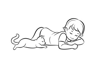 Boy Resting With A Cat Friend Minimalist Line Art Illustration Depicting Childhood Friendship And Tranquility Black And White Outline Drawing
