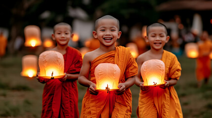 Young monks carrying illuminated lanterns, celebrating traditional ceremonies