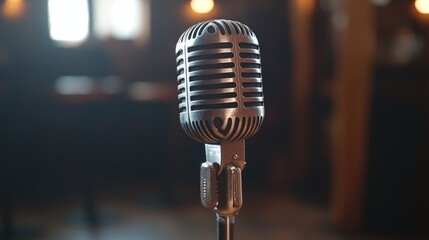 A microphone set against a bokeh light background, ideal for a stand-up comedy show, karaoke, or singing contest, and perfect for designing posters for open mic and joke nights