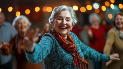 Joyful seniors dancing together at a lively community event in the evening