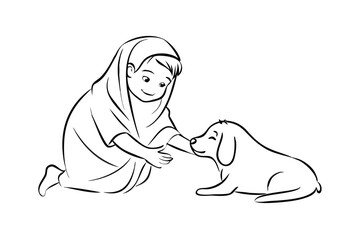 Girl In Headscarf Touching A Dog Outline Illustration Black And White Simple Art Child With Pet Friendly Canine Companionship Line Drawing
