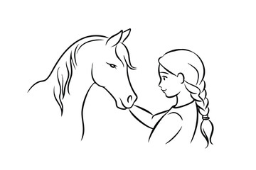 Girl With Horse Head Vector Line Art Illustration Minimalist Design Showing Connection And Friendship Equine Theme Suitable For Coloring Books