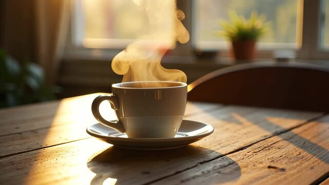 Morning sunlight illuminating steaming coffee cup on rustic table