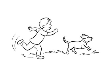 Cartoon Illustration Of Boy And Dog Running In Field Outline Vector Friendship Joyful Exercise Outdoors Recreation Companionship Child Pet Animal
