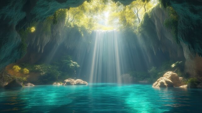 Enchanting Sunlit Cave with Cascading Waterfall and Luminous Pool Ideal for Nature and Adventu