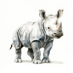 Obraz premium Young Rhinoceros Illustration with a Soft Watercolor Style