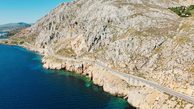 Aerial landscape view of coast Greek island Chios, Road travel, Concept of Holiday road trips is moment relaxing, Road trip