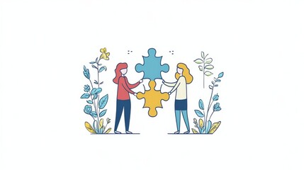 The concept of teamwork and human resources is illustrated through people working together to solve a puzzle in a modern setting