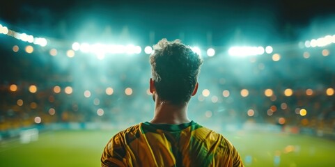 Rear view of soccer player in yellow jersey standing in front of lights. Football Player. Soccer concept. Football Championship Concept. Football concept with copy space. 