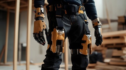 Exoskeleton for Construction: A construction worker, embodying innovation, wears a futuristic exoskeleton suit amidst wooden structures.