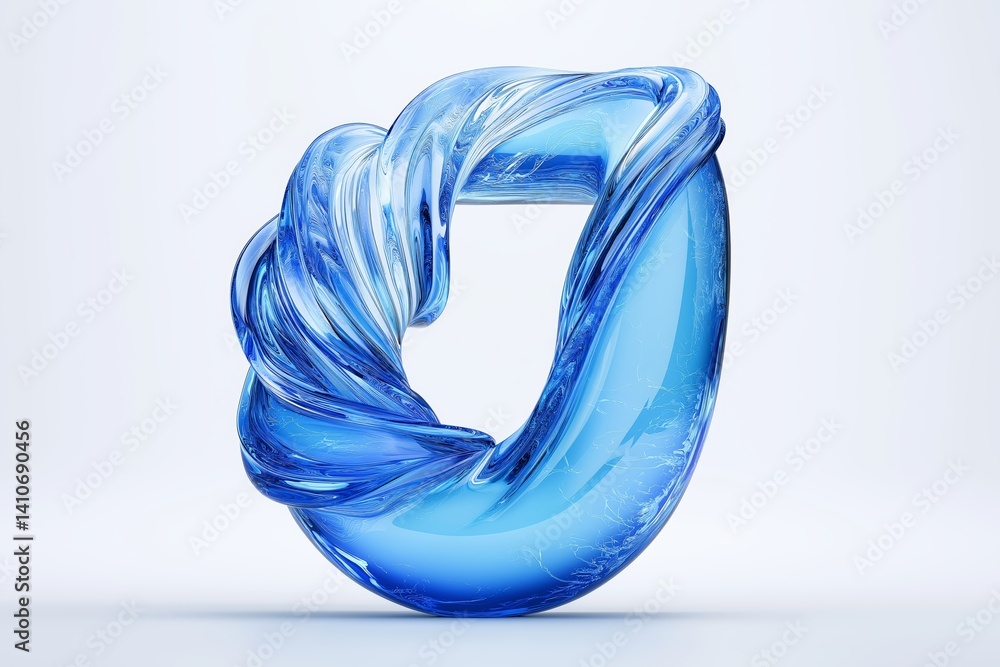 Poster twisted glass number zero in blue liquid design representing fluid motion, abstract numeric style an