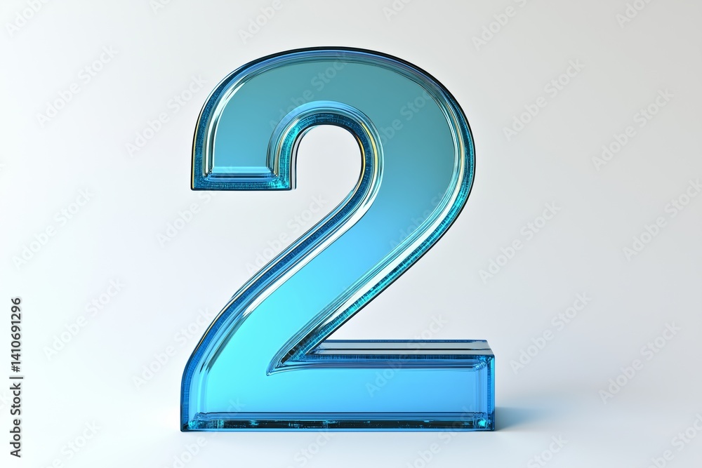 Aufkleber blue number two made of glass with internal bubbles and clean transparent texture showing icy clarit