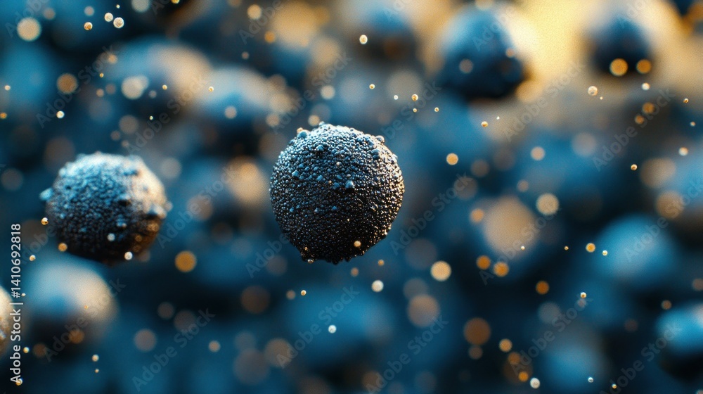 Poster abstract spherical objects with textured surfaces hover amidst glittering particles