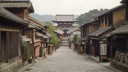 Naklejka premium Traditional Japanese Street Scene With Historic Buildings