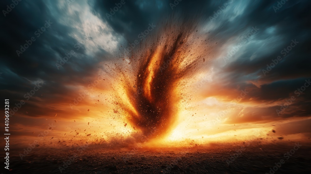 Poster an explosive display contrasted against a stormy sky, where vibrant bursts of color represent energy