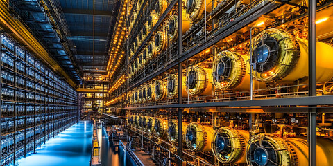 Obraz premium Rows of industrial machinery possibly turbines are stacked within a vast and complex technological infrastructure.