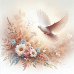Obraz premium Ethereal white dove flying among pastel flowers in peaceful digital art style