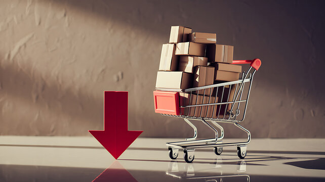 A mini shopping cart is overflowing with cardboard boxes juxtaposed with a downward-pointing red arrow implying price decreases.