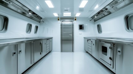 A clean, sleek, and modern interior design of a high-tech space, featuring minimalist aesthetics and polished surfaces, inviting a sense of professionalism and innovation in layout.