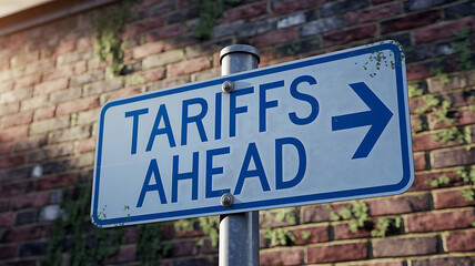 Obraz premium Weathered Tariffs Ahead sign points right mounted on a post with a brick wall and green vines in the background.