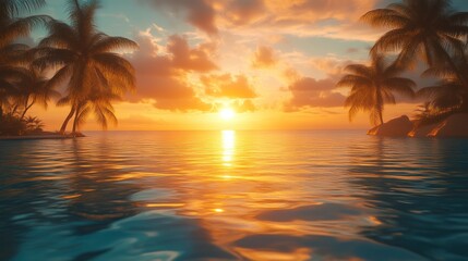 Golden Sunset Over Tropical Waters with Palm Trees and Serene Ocean View