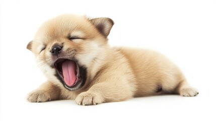 Fototapeta premium Cute tiny puppy yawning joyfully on a soft white background during a peaceful afternoon