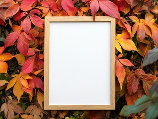 Autumnal elegance: A wooden frame nestled among vibrant fall foliage display