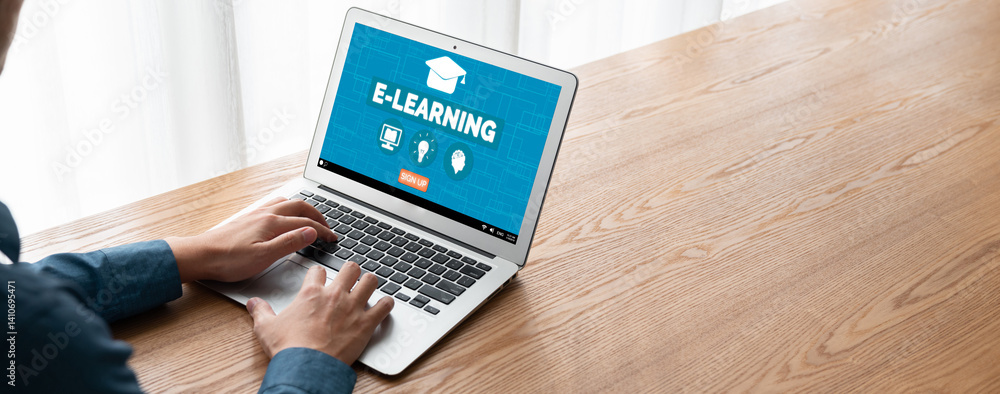 Poster e-learning website with modish sofware for student to study online on the internet network