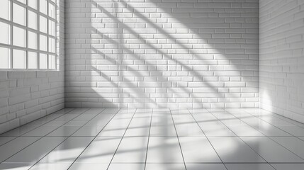 Obraz premium A white brick wall and floor are illuminated by sunlight, which casts window shadows, making it an ideal backdrop for online presentations, Zoom meetings, and banner images with copy space