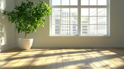 Fototapeta premium A minimalist white wall and floor are illuminated by sunlight, which casts window shadows, making it a suitable backdrop for online presentations and Zoom meetings
