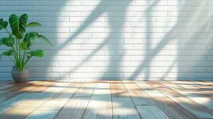 Sunlight creates shadows on the windows that fall on a white brick wall and floor, serving as a background image for online presentations and Zoom meetings with copy space