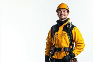Fototapeta premium Full body studio portrait of a smiling Caucasian construction worker wearing protective equipment, with copy space for text to the side.