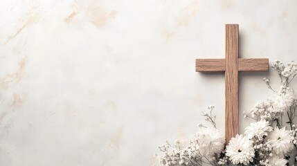 Wooden Cross with White Flowers on Marble Background, Flatlay, Minimalist, Sympathy Christian, Remembrance
